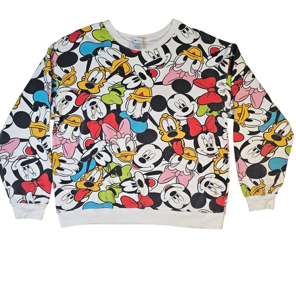 Disney Mickey and Friends All Over Print Sweatshirt XL Multi Character White